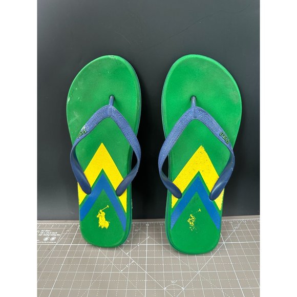 Vintage Ralph Lauren Polo Green Flip Flops Yellow Blue Stripe 11 1/2" long - Picture 1 of 2
